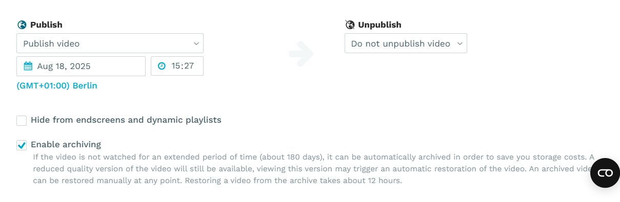 Enable archiving in the video metadata