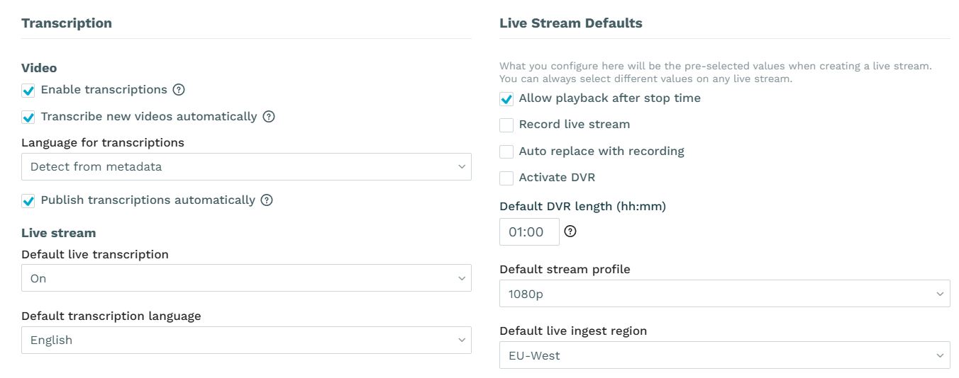 Workspace transcription and livestream defaults